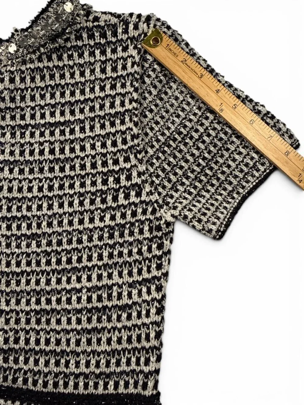 New Tory Burch Medium Embellished Fringe Tweed Dress Black White Silver
